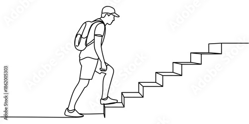 A man with a backpack is climbing a staircase, symbolizing progress and ascension.