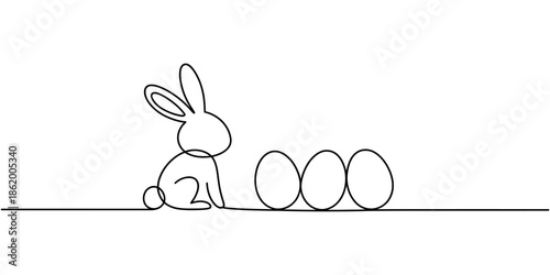 A minimalist line drawing of a rabbit sitting next to a group of eggs on a plain background.