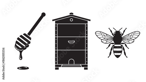 Beehive and honey dipper with bee in minimalist black illustration on white background for apiculture