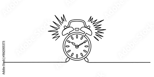 A simple line drawing of an alarm clock ringing loudly on a plain white background
