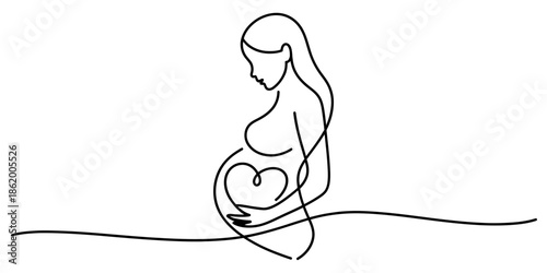 A pregnant woman sitting in a serene and peaceful environment with a heart over her womb
