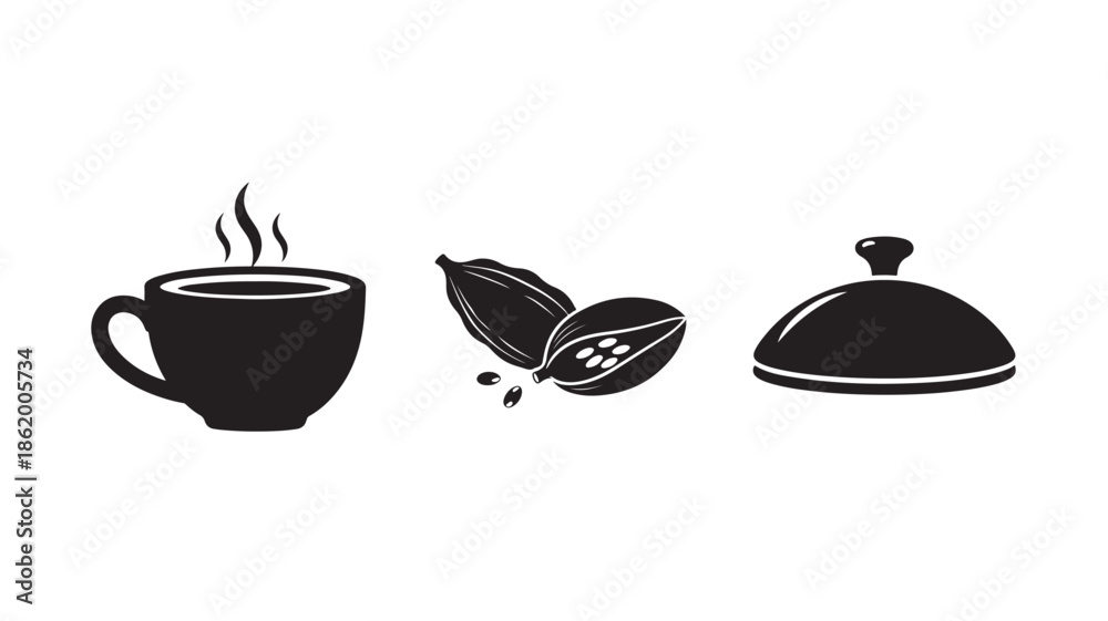 Obraz premium Coffee Cup and Coffee Beans and Serving Dome in Simple Silhouette Design with Black Color on White Background for Cafe Menu