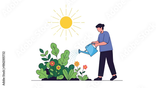 Person watering vibrant garden with watering can under bright sun, leafy plants and colorful flowers