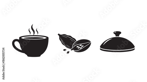 Coffee Cup and Coffee Beans and Serving Dome in Simple Silhouette Design with Black Color on White Background for Cafe Menu