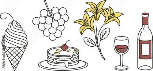 Collection of hand-drawn food and drink icons including ice cream, pancakes, grapes, flowers, and a wine bottle with a glass