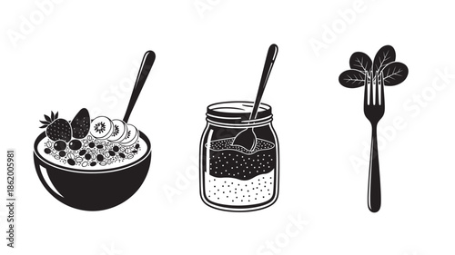 Breakfast Oatmeal with Chia Seeds and Fruit in Simple Monochrome Illustration for Healthy Eating