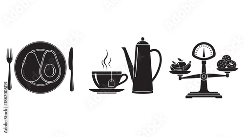 Restaurant Menu Icons in Monochrome Style with Simple Lighting on White Background for Web Design