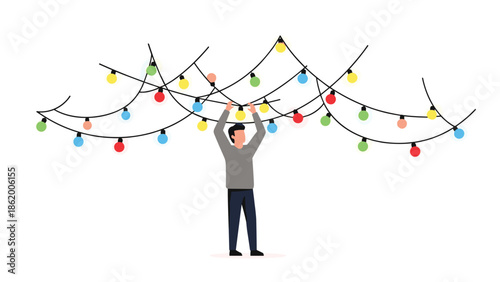 Cheerful man standing and holding up multiple strands of vibrant colorful Christmas string lights, preparing for festive decorations and holiday celebration.