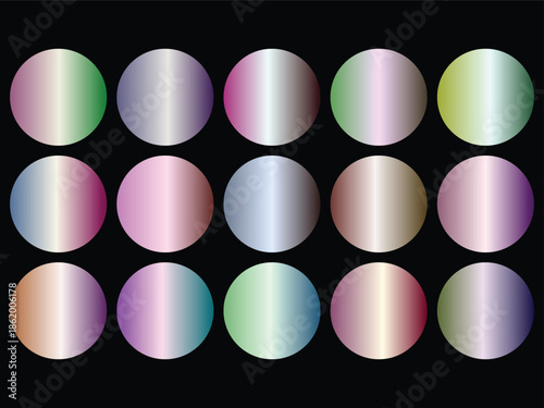 Gradient metallic circle grid: 15 iridescent discs on a black background