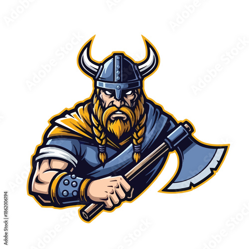 Intense Viking Warrior Mascot Ready for Battle with Axe and Helmet