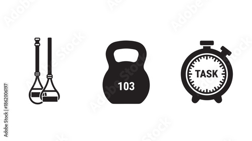 Kettlebell and stopwatch with task label in minimalist black illustration on white background for fitness branding
