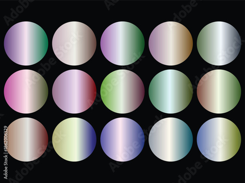 Abstract grid of 15 colorful gradient circles on black background