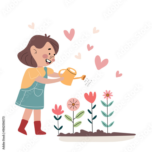 Cute child watering flowers with love and care vector