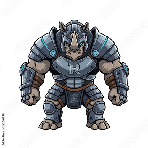 Armored Rhino Warrior Mascot Character in Futuristic Battle Suit