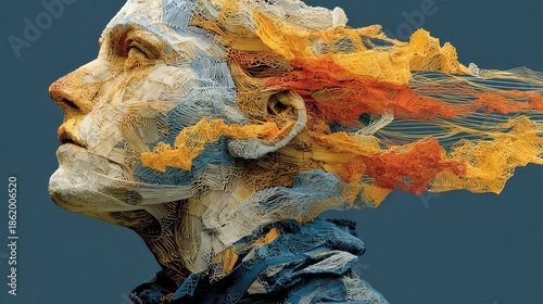 Abstract Sculpture Art with Intricate Colorful Yarn Detailing Against Blue Background