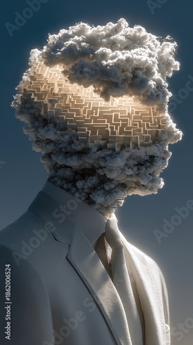 Surreal Cloud-Maze Head in Formal Attire: Conceptual Fusion of Creativity and Complexity