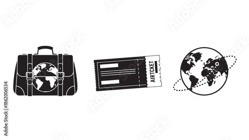 Travel accessories in minimalist style with monochrome color scheme and simple line art for travel advertising