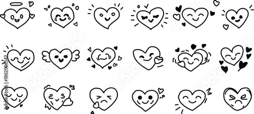 Cute Hand Drawn Doodle Heart Faces Set – Love Emoji Style Illustrations