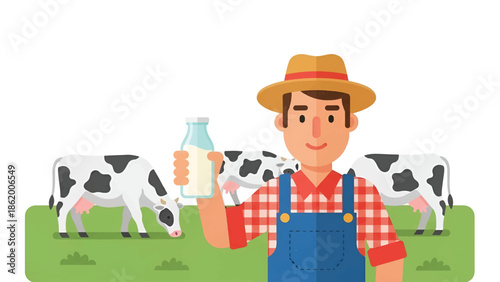 Smiling farmer in straw hat holds a glass milk bottle while cows graze on a green pasture at sunrise