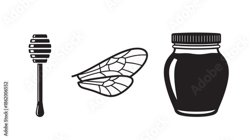 Honey jar with honey dipper and honeycomb on white background in minimalist black and white illustration for food blog