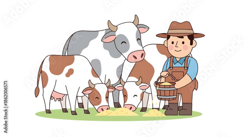 Smiling farmer pours feed from a bucket while a herd of spotted cows and calves eat on grass calmly
