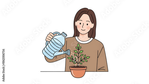 Smiling woman waters a small potted sapling with a blue watering can on a white background indoors!!