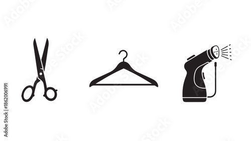 Clothing alteration tools in minimalist style with simple black silhouettes on white background for fashion design