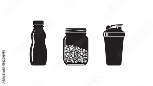 Protein supplements in sleek black bottles and jar with white powder in minimalist style for fitness and nutrition branding