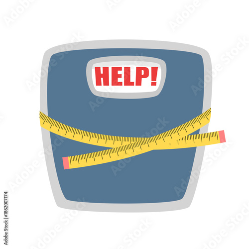Diet and weight loss concept, blue scales with a tape measure wrapped around it, vector illustration