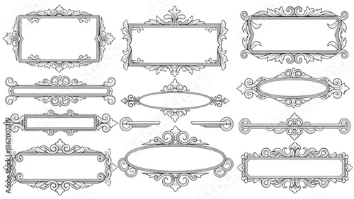 Twelve ornate vintage frames and dividers with scrollwork, acanthus leaves, and empty centers inline