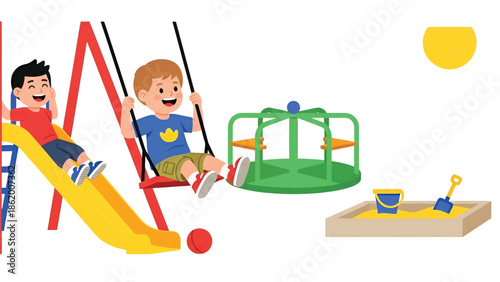 Two happy children play on a bright playground with slide, swing, roundabout, sandpit and toys. Fun!