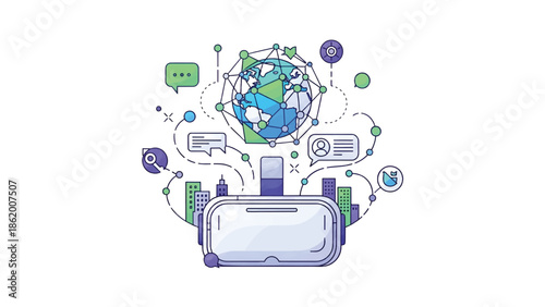 VR headset linked to a global network with chat bubbles, data nodes, city skyline and icons overlays