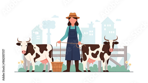Woman farmer in hat and apron stands between two spotted cows by a wooden fence with basket smiling