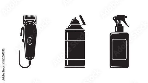 Black Hair Care Products in Modern Minimalist Design with Simple White Outlines on White Background for Beauty Advertising