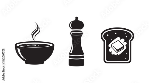 Coffee, pepper grinder, and toast with butter in minimalist black and white illustration for food blog