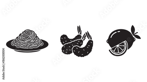 Italian Cuisine Icons in Simple Line Art with Black and White Color Scheme on White Background for Restaurant Menu