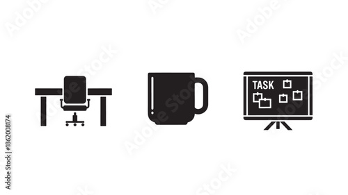 Office workspace icons in simple flat design with black color on white background for web graphics