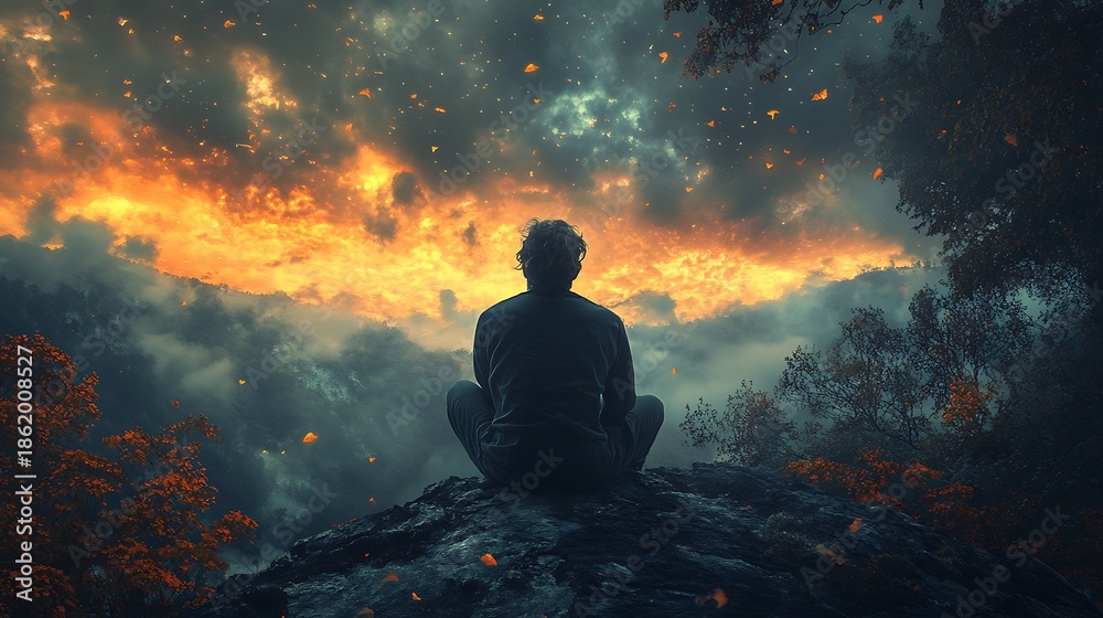 Obraz premium Contemplation on the edge of the world during golden dusk ethereal moment