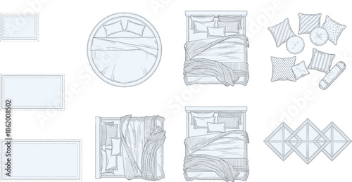 Hand drawn bedroom furniture icons set, bed pillow mattress wall decor frames blueprint sketch illustration for interior design planning layout collection vector outline minimal