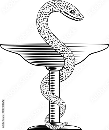 Bowl of Hygeia medical symbol, sign or icon for Pharmacy or a Pharmacist. A cup with a snake wrapped or intertwined around it.