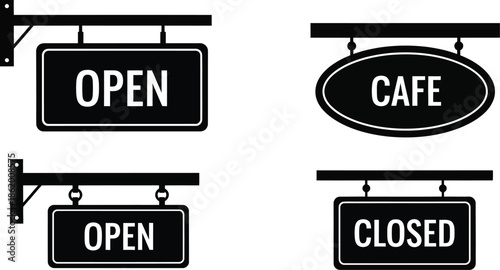 Black and white signage depicting open and closed cafe store symbols