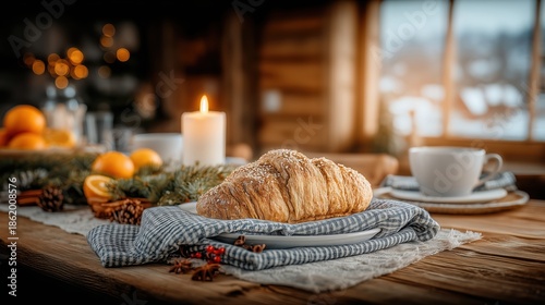 Fresh Croissant and Coffee on Rustic Holiday Morning Table