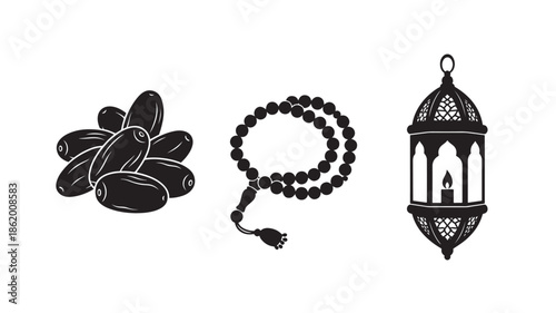 Islamic prayer accessories in minimalist black illustration with simple lines and shapes for spiritual decor
