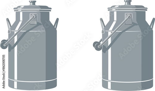 Two classic silver metal milk cans isolated on a white background