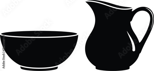 A simple black and white illustration of a bowl and a pitcher