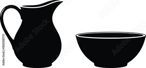 A simple black and white illustration of a pitcher and bowl set