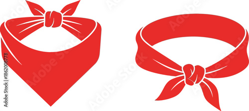 Two red bandanas displayed in different styles tied and as a simple loop