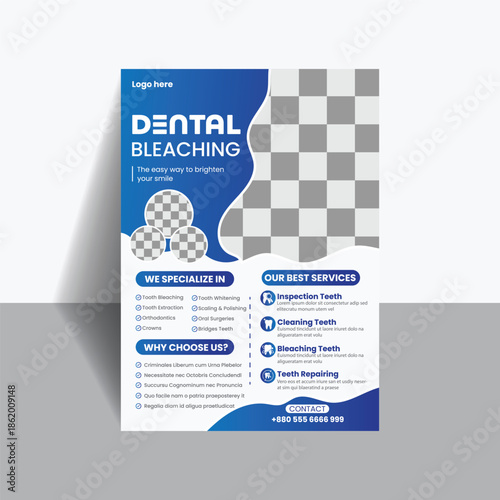 Professional A4 size dental care flyer template for teeth whitening and clinic services. Clean blue layout for dentists, oral health marketing, and medical promotion. Fully editable vector design.