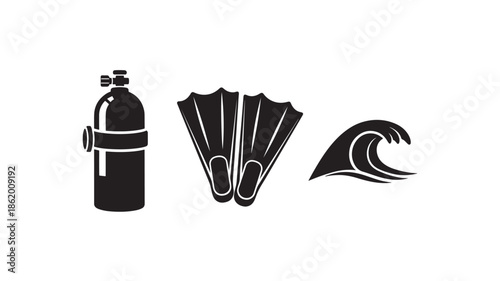Scuba diving equipment in minimalist style with black silhouette on white background for adventure travel