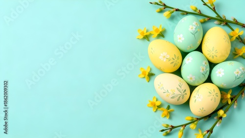 Beautiful Pastel Easter Eggs and Spring Flowers on Blue Background